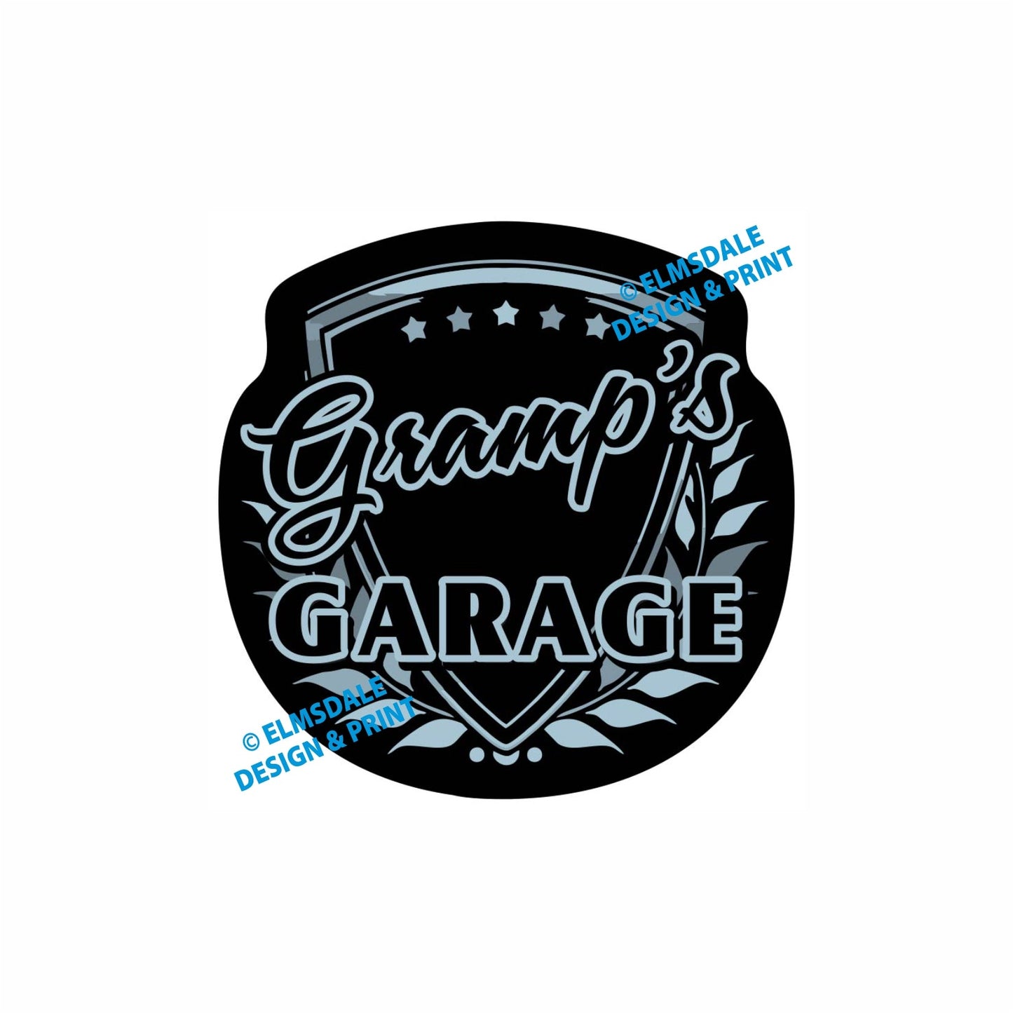 Gramps Garage - Decal / 7.75’ x 7.75’ / Silver & Black