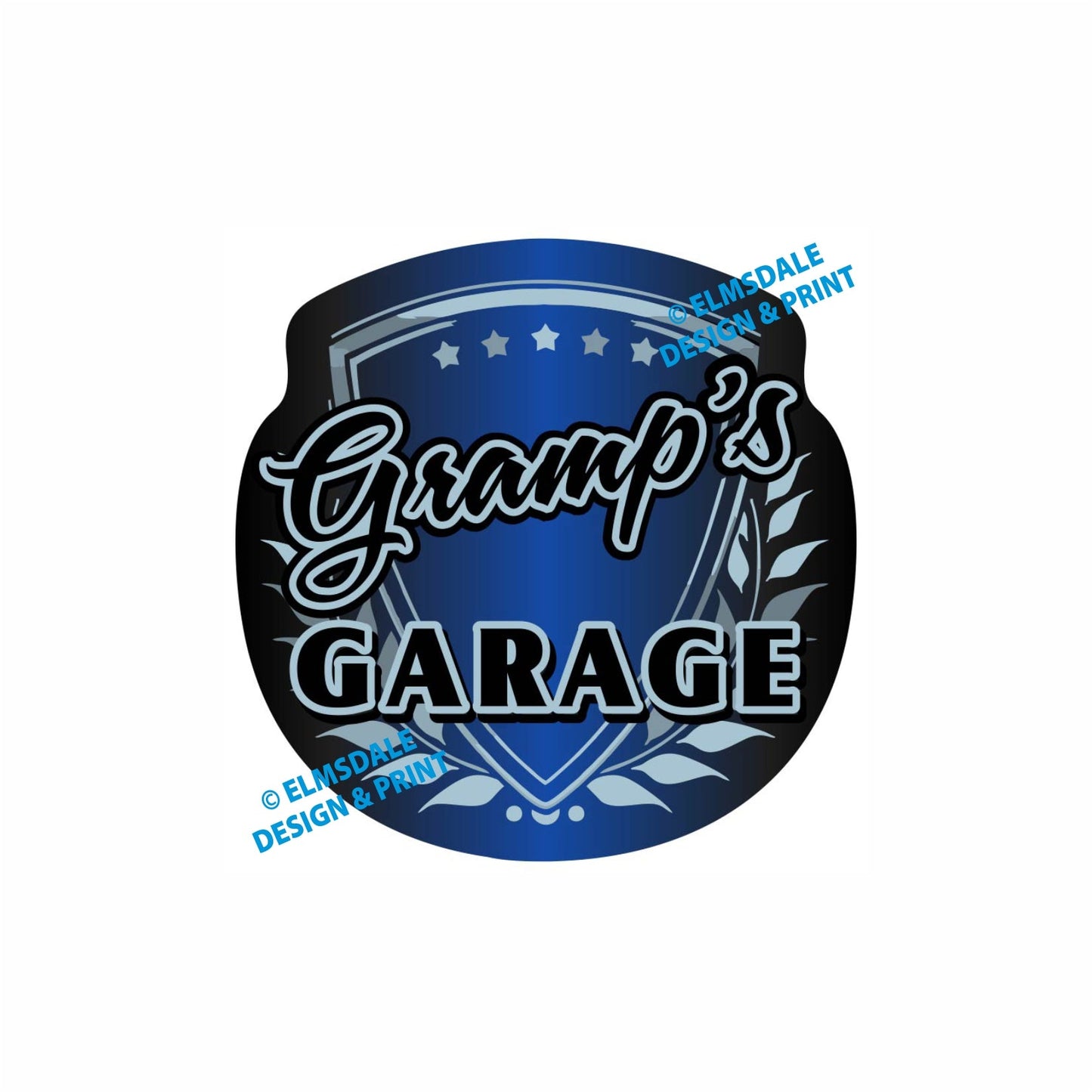 Gramps Garage - Decal / 7.75’ x 7.75’ / Silver & Blue
