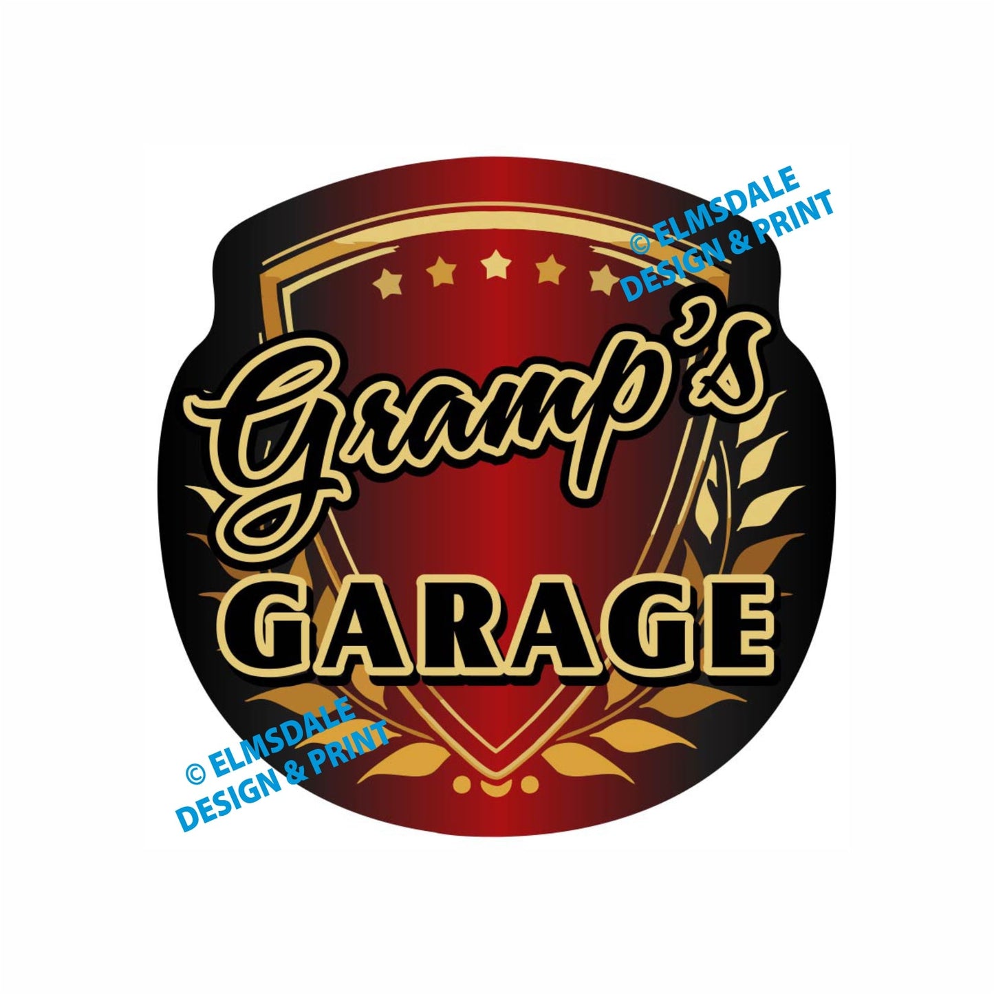 Gramps Garage - Decal / 9.25’ x 9.25’ / Gold & Red
