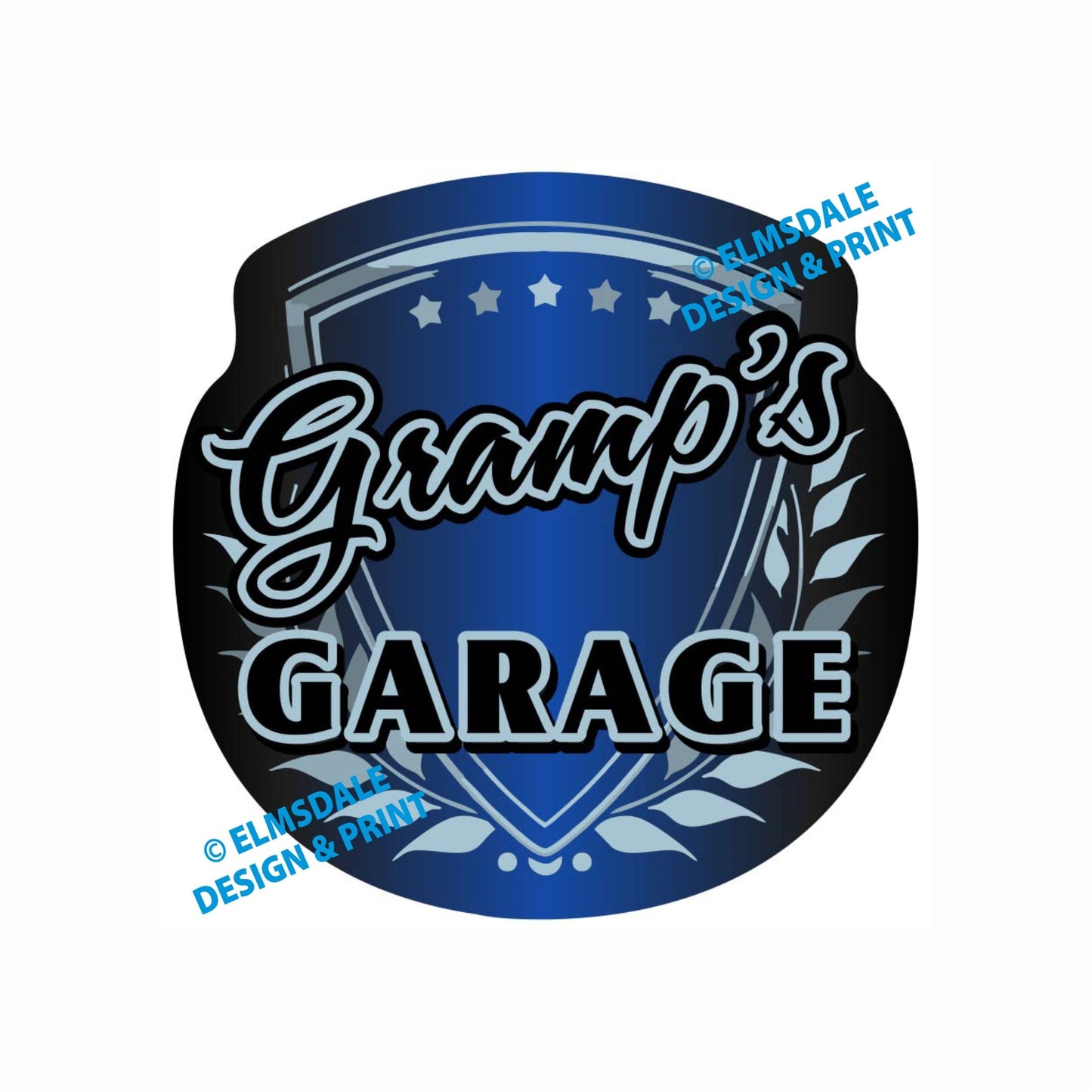 Gramps Garage - Decal / 9.25’ x 9.25’ / Silver & Blue